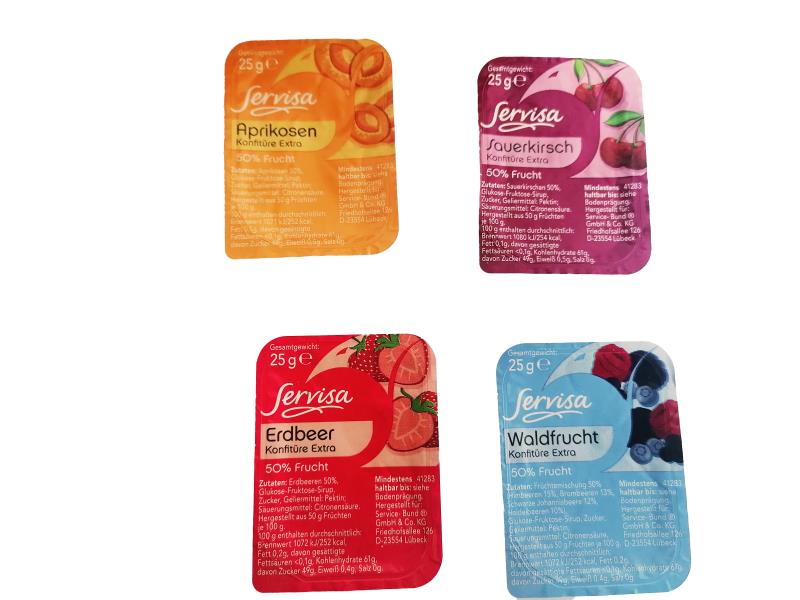 Konfitüre Extra portioniert 4-fach Sortierung I Erdbeer,Sauerkirsch,Aprikose,Waldfrucht SERVISA